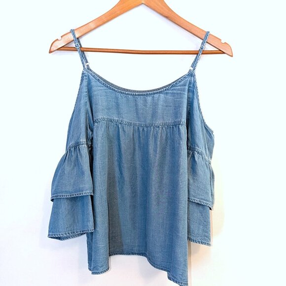 Walter Baker | Lyocell Cold Shoulder Blue Ruffle Sleeve "Tara" Top | Medium - Picture 7 of 14